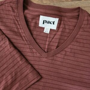 Pact Organic Cotton Mens V-Neck Striped Tee Shirt Short Sleeve Maroon Size Large